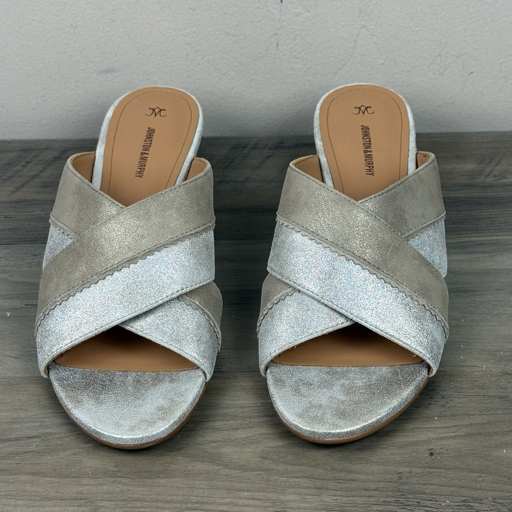 Johnston & Murphy Women's Marlena Cross Band Slide Sandals Silver Gold Size 10M